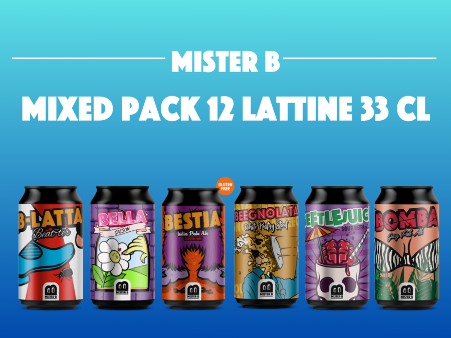 MIXED PACK 12 LATTINE DI BIRRA ARTIGIANALE DA 33 CL MISTER B CON BIRRE ARTIGIANALI B LATTA, BELLA, BESTIA, BEEGNOLATA, BEETLEJUICE E BOMBA